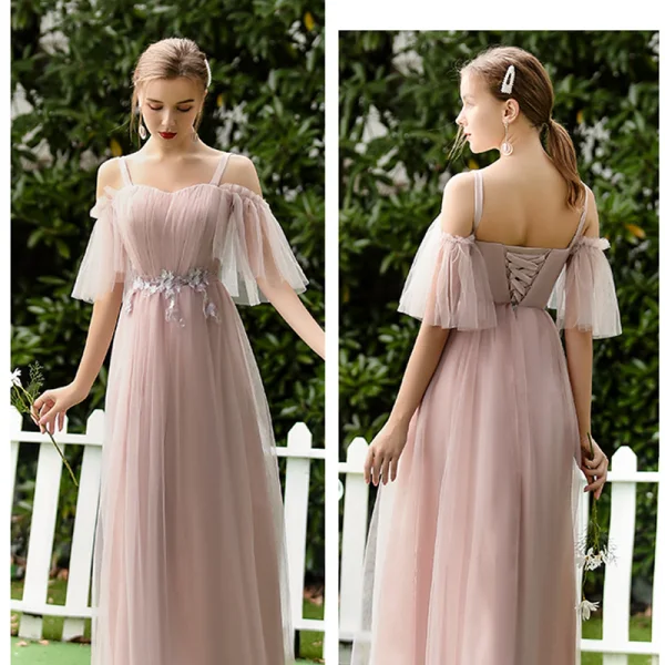 Affordable Blushing Pink Bridesmaid Dresses 2020 A-Line / Princess Backless Appliques Lace Tea-length Ruffle