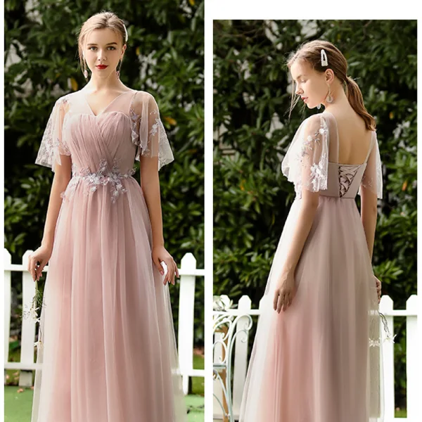 Affordable Blushing Pink Bridesmaid Dresses 2020 A-Line / Princess Backless Appliques Lace Tea-length Ruffle