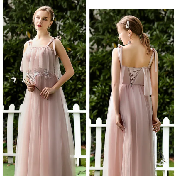 Affordable Blushing Pink Bridesmaid Dresses 2020 A-Line / Princess Backless Appliques Lace Tea-length Ruffle
