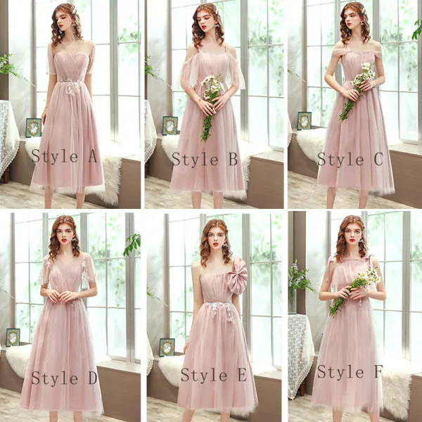 Affordable Blushing Pink Bridesmaid Dresses 2020 A-Line / Princess Backless Appliques Lace Tea-length Ruffle
