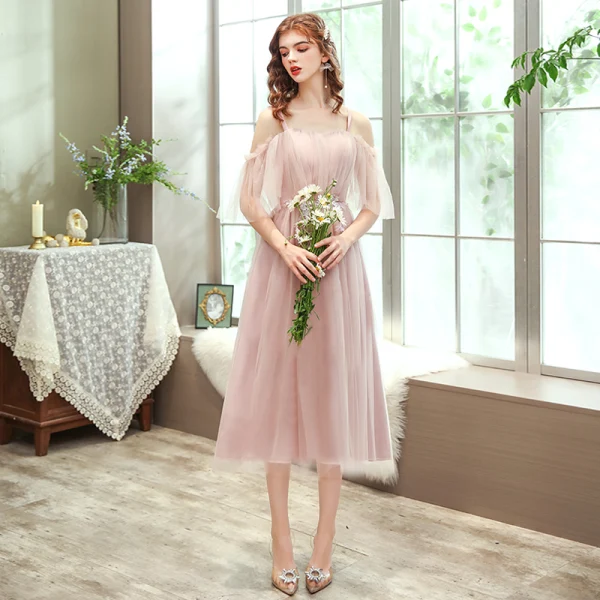 Affordable Blushing Pink Bridesmaid Dresses 2020 A-Line / Princess Backless Appliques Lace Tea-length Ruffle