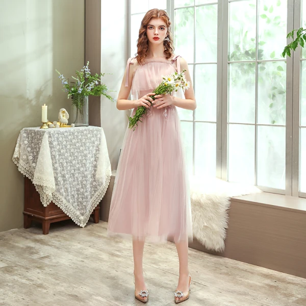 Affordable Blushing Pink Bridesmaid Dresses 2020 A-Line / Princess Backless Appliques Lace Tea-length Ruffle