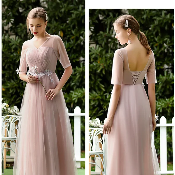 Affordable Blushing Pink Bridesmaid Dresses 2020 A-Line / Princess Backless Appliques Lace Tea-length Ruffle