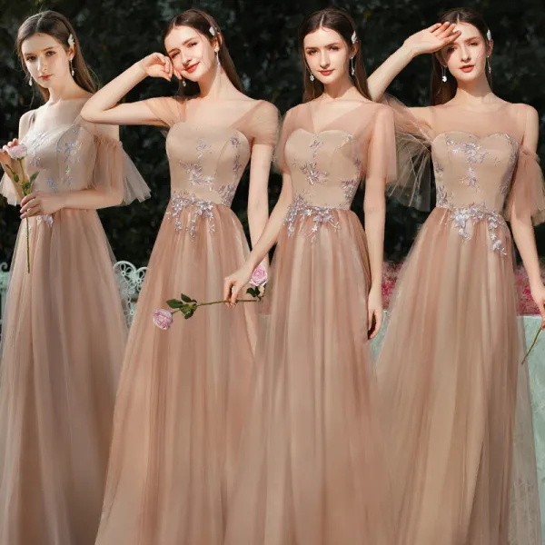 Elegant Brown Bridesmaid Dresses 2020 A-Line / Princess Backless Appliques Lace Floor-Length / Long Ruffle