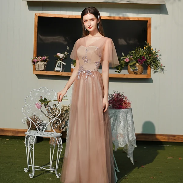 Elegant Brown Bridesmaid Dresses 2020 A-Line / Princess Backless Appliques  Lace Floor-Length / Long Ruffle