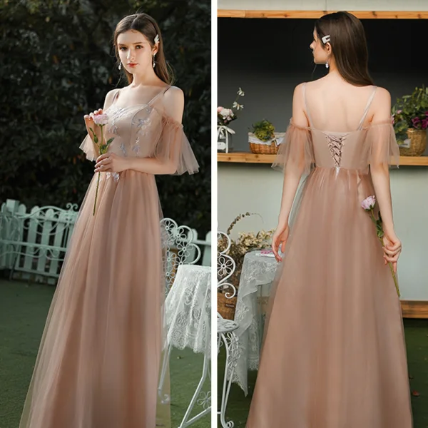 Élégant Marron Robe Demoiselle D'honneur 2020 Princesse Dos Nu Appliques En Dentelle Longue Volants