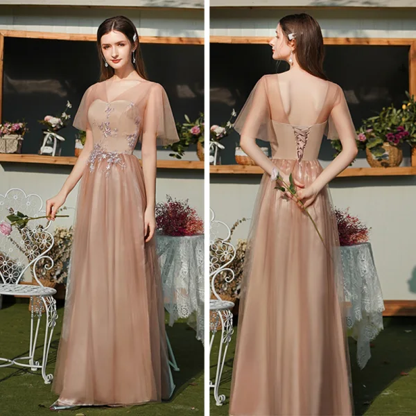Élégant Marron Robe Demoiselle D'honneur 2020 Princesse Dos Nu Appliques En Dentelle Longue Volants