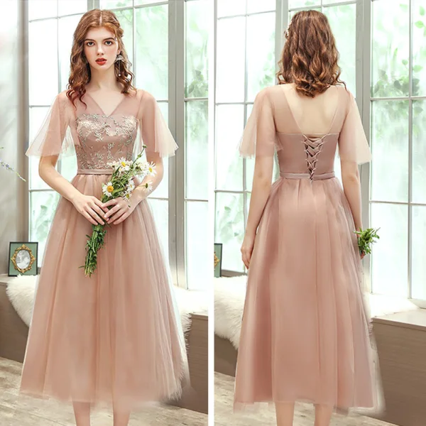 Affordable Champagne Bridesmaid Dresses 2020 A-Line / Princess Backless Appliques Lace Sash Tea-length Ruffle