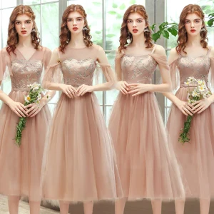 Affordable Champagne Bridesmaid Dresses 2020 A Line Princess Backless Appliques Lace Sash Tea Length Ruffle
