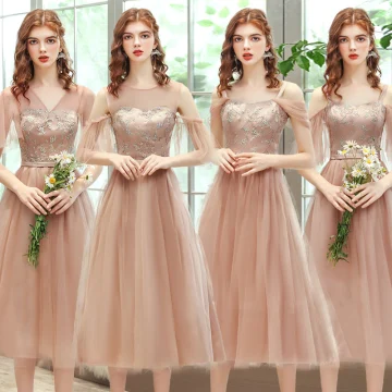 Affordable Champagne Bridesmaid Dresses 2020 A Line Princess Backless Appliques Lace Sash Tea Length Ruffle