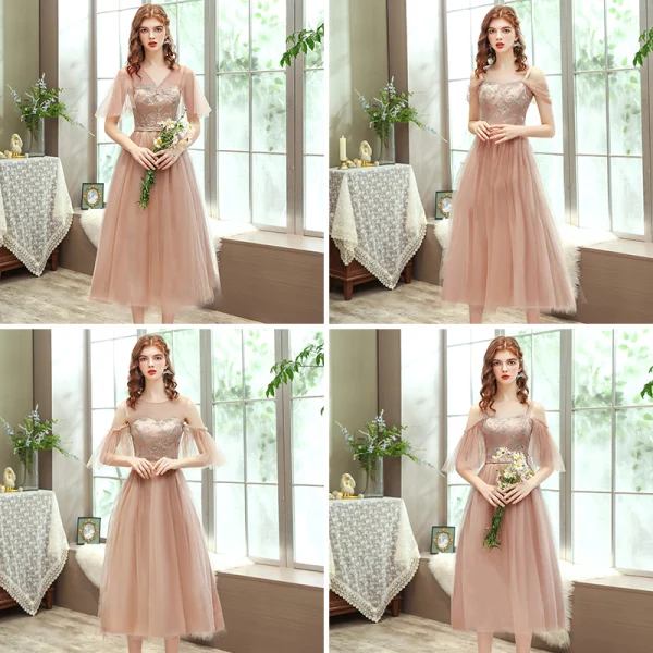Affordable Champagne Bridesmaid Dresses 2020 A-Line / Princess Backless Appliques Lace Sash Tea-length Ruffle