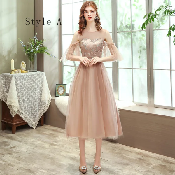 Affordable Champagne Bridesmaid Dresses 2020 A-Line / Princess Backless Appliques Lace Sash Tea-length Ruffle