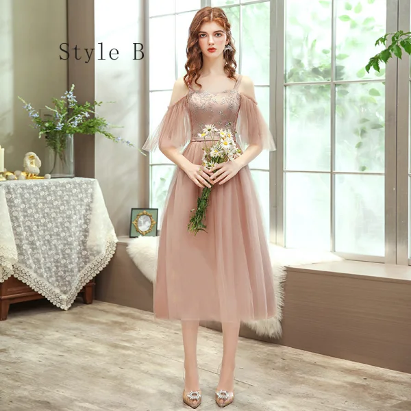 Affordable Champagne Bridesmaid Dresses 2020 A-Line / Princess Backless Appliques Lace Sash Tea-length Ruffle