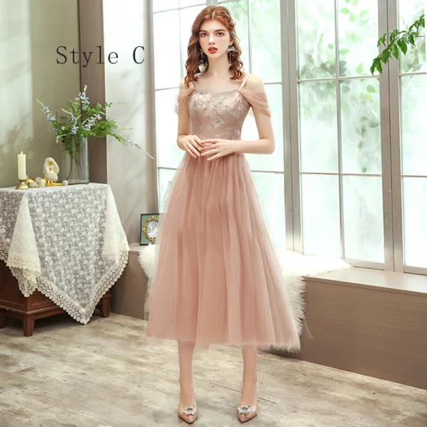 Affordable Champagne Bridesmaid Dresses 2020 A-Line / Princess Backless Appliques Lace Sash Tea-length Ruffle