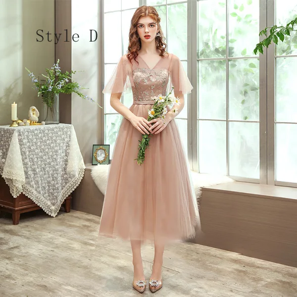 Affordable Champagne Bridesmaid Dresses 2020 A-Line / Princess Backless Appliques Lace Sash Tea-length Ruffle