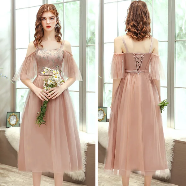 Affordable Champagne Bridesmaid Dresses 2020 A-Line / Princess Backless Appliques Lace Sash Tea-length Ruffle