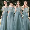 Affordable Ocean Blue Bridesmaid Dresses 2020 A-Line / Princess Backless Appliques Lace Sash Floor-Length / Long Ruffle