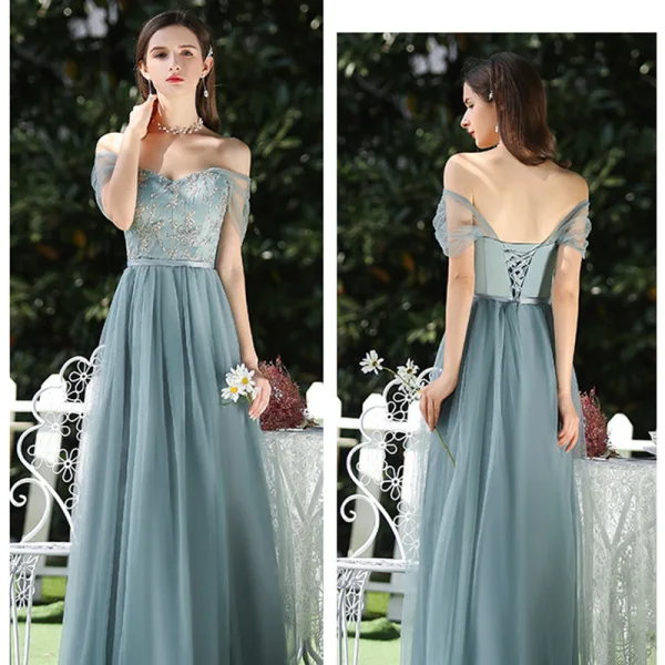 Affordable Ocean Blue Bridesmaid Dresses 2020 A-Line / Princess Backless Appliques Lace Sash Floor-Length / Long Ruffle