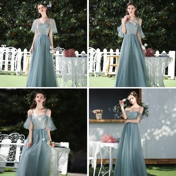 Affordable Ocean Blue Bridesmaid Dresses 2020 A-Line / Princess Backless Appliques Lace Sash Floor-Length / Long Ruffle