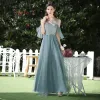 Affordable Ocean Blue Bridesmaid Dresses 2020 A-Line / Princess Backless Appliques Lace Sash Floor-Length / Long Ruffle