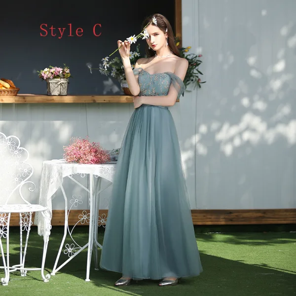 Affordable Ocean Blue Bridesmaid Dresses 2020 A-Line / Princess Backless Appliques Lace Sash Floor-Length / Long Ruffle