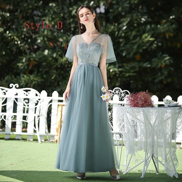 Affordable Ocean Blue Bridesmaid Dresses 2020 A-Line / Princess Backless Appliques Lace Sash Floor-Length / Long Ruffle