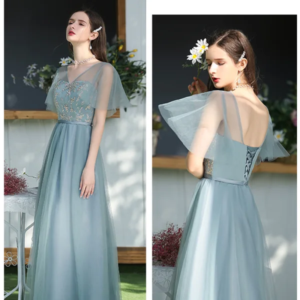 Affordable Ocean Blue Bridesmaid Dresses 2020 A-Line / Princess Backless Appliques Lace Sash Floor-Length / Long Ruffle