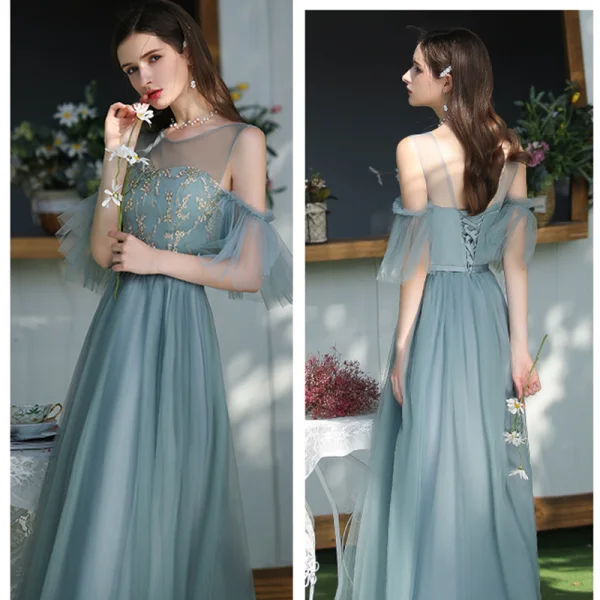Affordable Ocean Blue Bridesmaid Dresses 2020 A-Line / Princess Backless Appliques Lace Sash Floor-Length / Long Ruffle