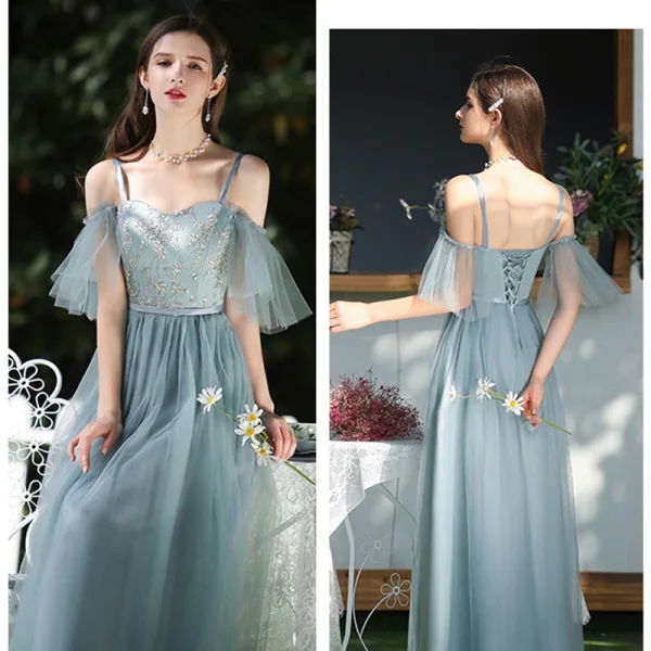 Affordable Ocean Blue Bridesmaid Dresses 2020 A-Line / Princess Backless Appliques Lace Sash Floor-Length / Long Ruffle