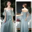 Affordable Ocean Blue Bridesmaid Dresses 2020 A-Line / Princess Backless Appliques Lace Sash Floor-Length / Long Ruffle