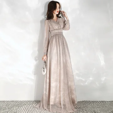 Chic Beautiful Champagne Evening Dresses 2020 Empire V Neck Puffy Long Sleeve Glitter Tulle Floor Length Long Ruffle Backless Formal Dresses