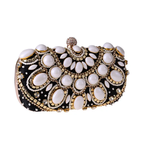 Snygga / Fina Aprikos / Beige Fyrkantiga Kuvertväska 2020 Metall Beading Rhinestone