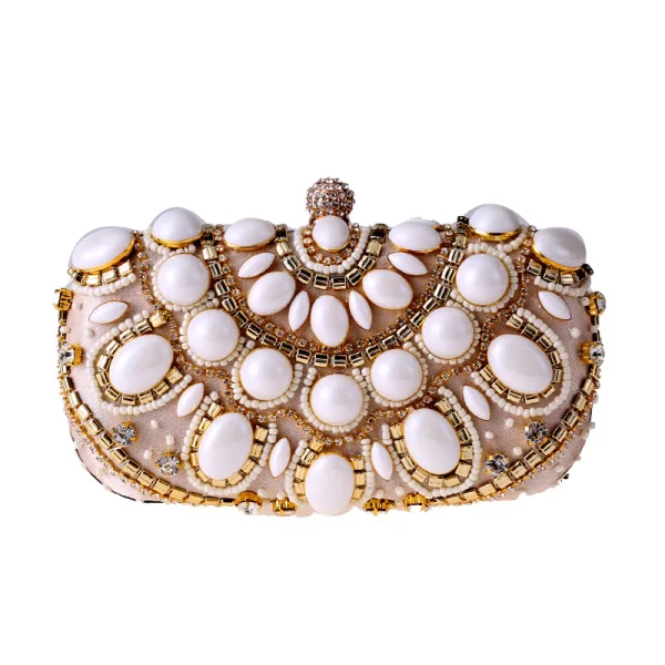 Snygga / Fina Aprikos / Beige Fyrkantiga Kuvertväska 2020 Metall Beading Rhinestone