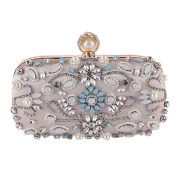 Mooie Prachtige Abrikoos Beige Vierkante Handtassen 2020 Metaal Parel Rhinestone