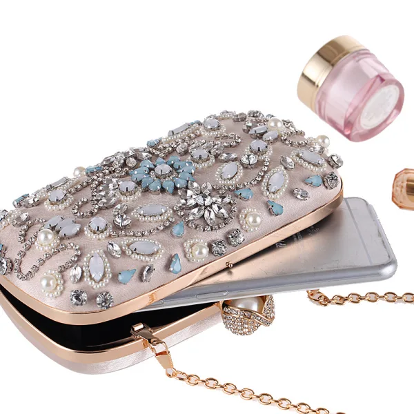 Chic / Belle Beige Carrés Pochette 2020 Métal Perle Faux Diamant