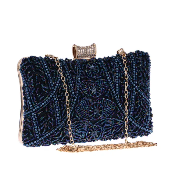 Mode Marineblau Quadratische Clutch Tasche 2020 Metall Perlenstickerei Perle