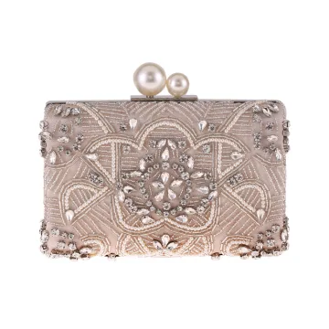 Chic Beautiful Beige Clutch Bags 2020 Metal Beading Pearl Rhinestone