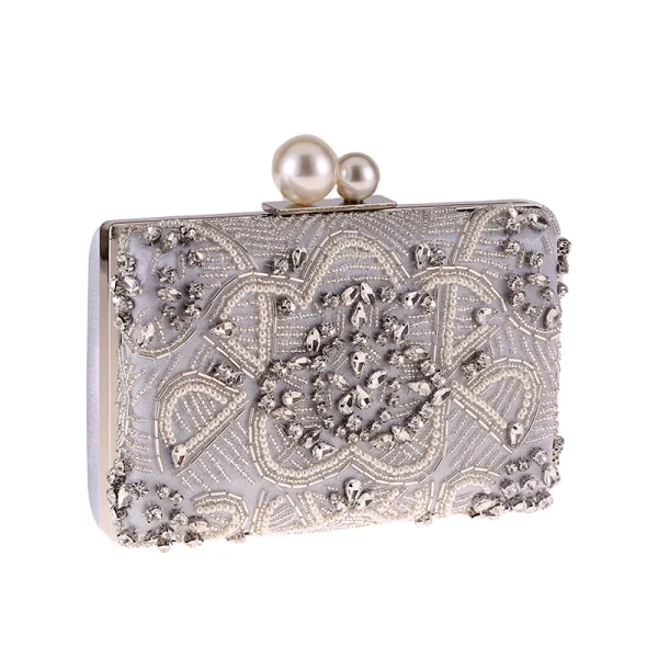 Chic / Beautiful Beige Clutch Bags 2020 Metal Beading Pearl Rhinestone