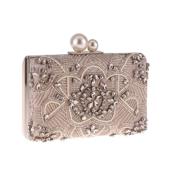 Chic / Beautiful Beige Clutch Bags 2020 Metal Beading Pearl Rhinestone