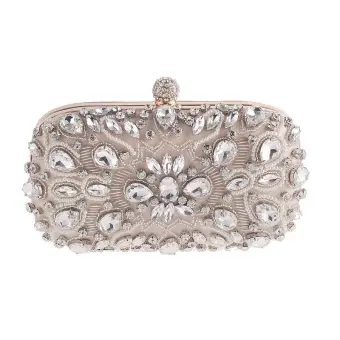 Mooie Prachtige Abrikoos Beige Vierkante Handtassen 2020 Metaal Kralen Parel Rhinestone
