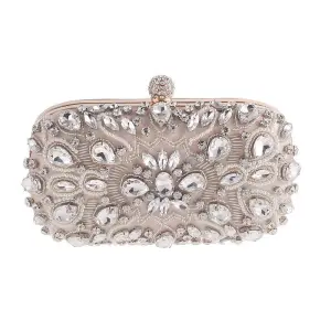 Schöne Beige Quadratische Clutch Tasche 2020 Metall Perlenstickerei Perle Strass