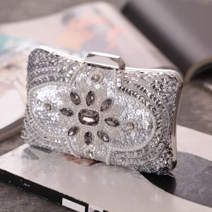 Błyszczące Srebrny Skóry Lakierowanej Kwadratowe Kopertówki 2020 Metal Cekiny Perła Rhinestone