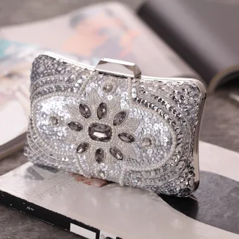 Sparkly Silver Patent Leather Square Clutch Bags 2020 Metal Sequins Pearl Rhinestone