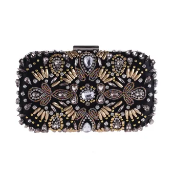 Fashion Black Square Clutch Bags 2020 Metal Beading Rhinestone