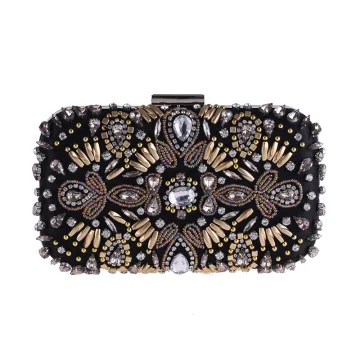 Fashion Black Square Clutch Bags 2020 Metal Beading Rhinestone
