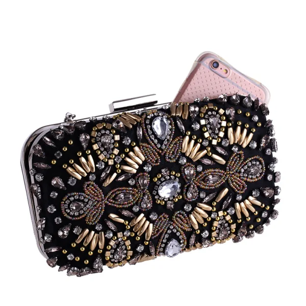 Fashion Black Square Clutch Bags 2020 Metal Beading Rhinestone