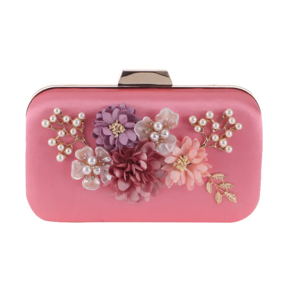 Flower Fairy Candy Pink Square Clutch Bags 2020 Metal Handmade Flower Rhinestone Pearl