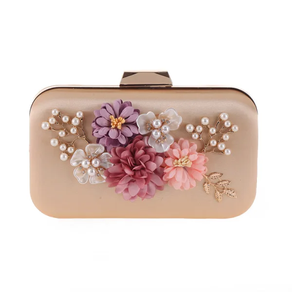 Flower Fairy Candy Pink Square Clutch Bags 2020 Metal Handmade Flower Rhinestone Pearl