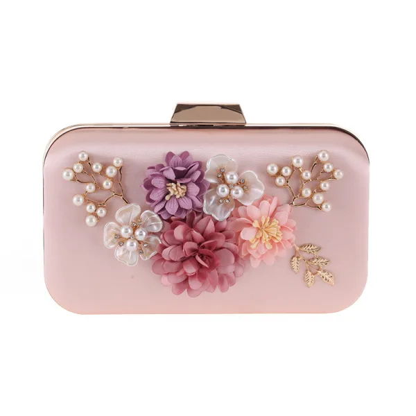 Flower Fairy Candy Pink Square Clutch Bags 2020 Metal Handmade Flower Rhinestone Pearl