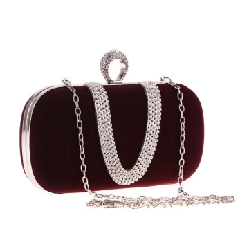 Mode Bordeaux Velour Vierkante Handtassen 2020 Metaal Rhinestone